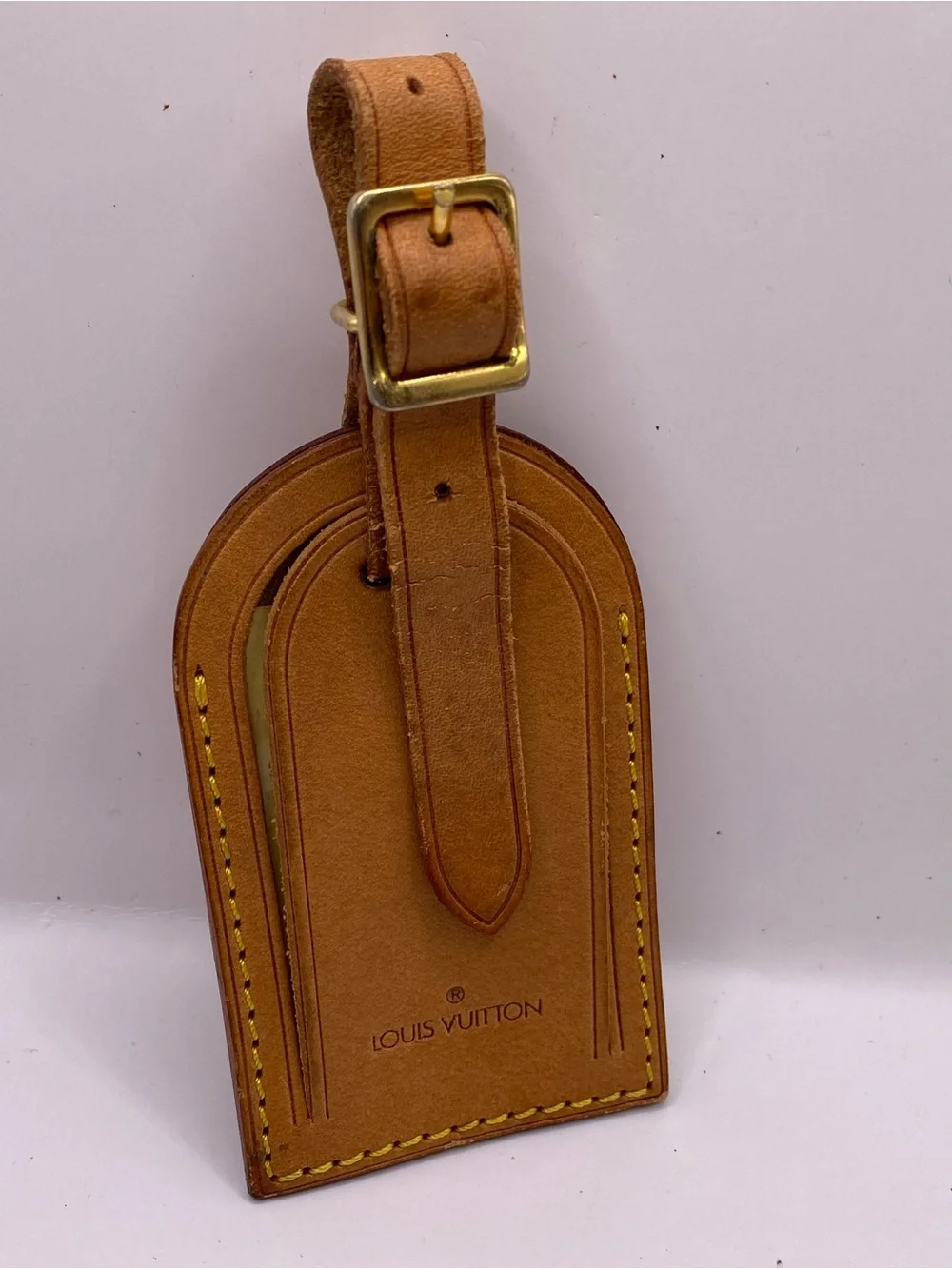 Louis Vuitton Brown Leather Luggage Tag with Yellow Stitching